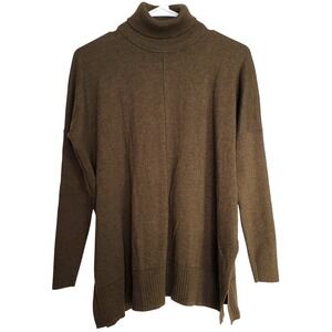 Lilla P Turtleneck Sweater Olive Green Ribbed Hem Side Slits Silk Blend Small